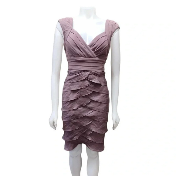 Adrianna Papell Shutter Pleat Ruffle Midi Taupe Sleeveless Dress Size  10 - Picture 1 of 11
